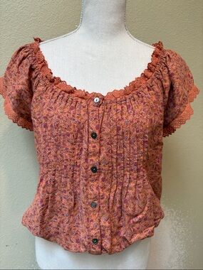 Lucky Brand Rusty Orange Paisley Floral Lace-Trim Button Front Top, Size S